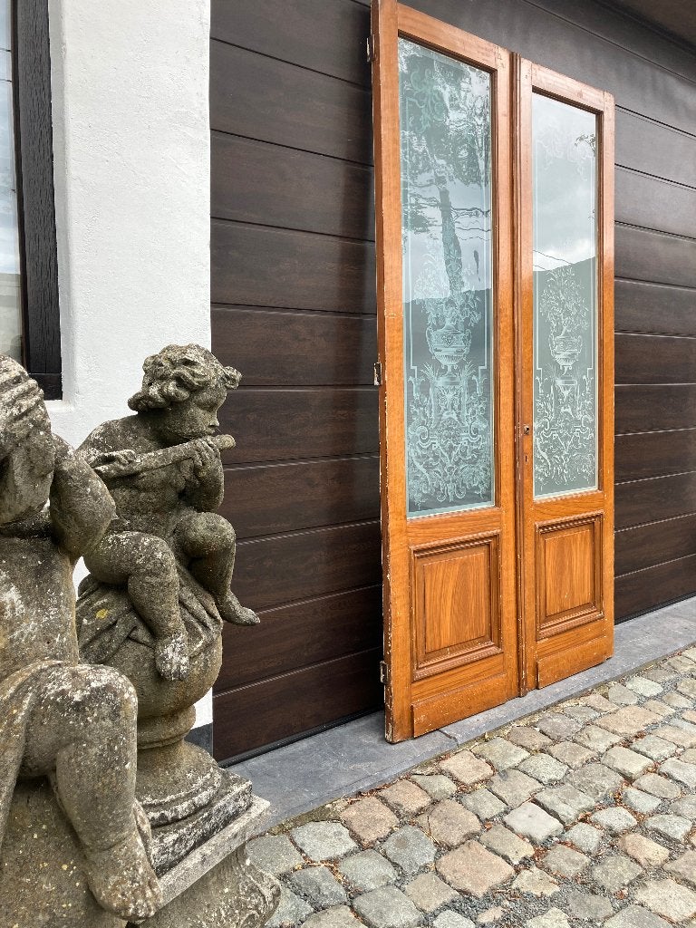 antieke dubbele ensuite deuren met art deco geëtst glas, Ophalen, Gebruikt, Binnendeur, Glas