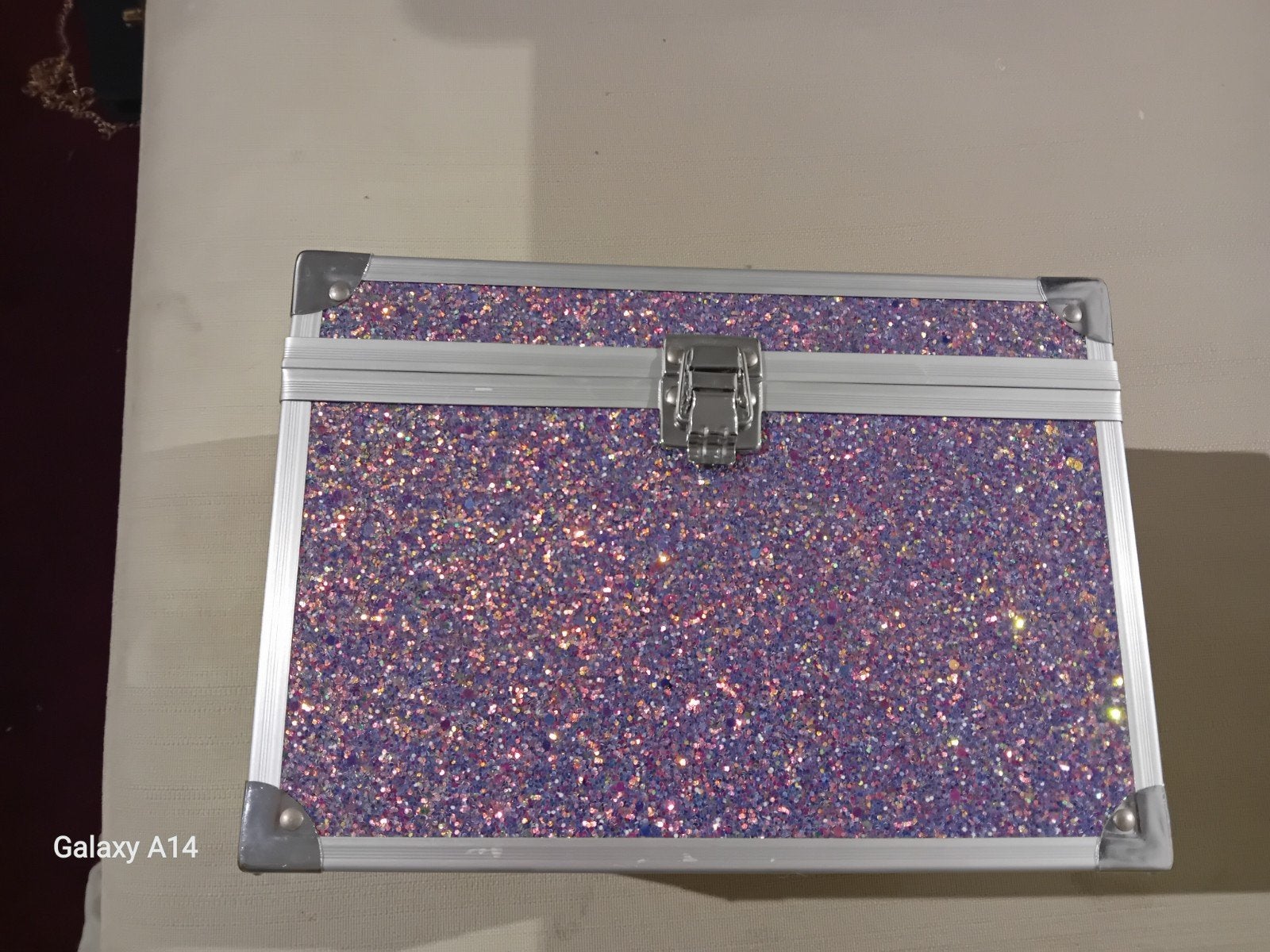 Glitter Make-up Box met Handvat en Spiegel, Ophalen, Paars, Hardcase, Zo goed als nieuw