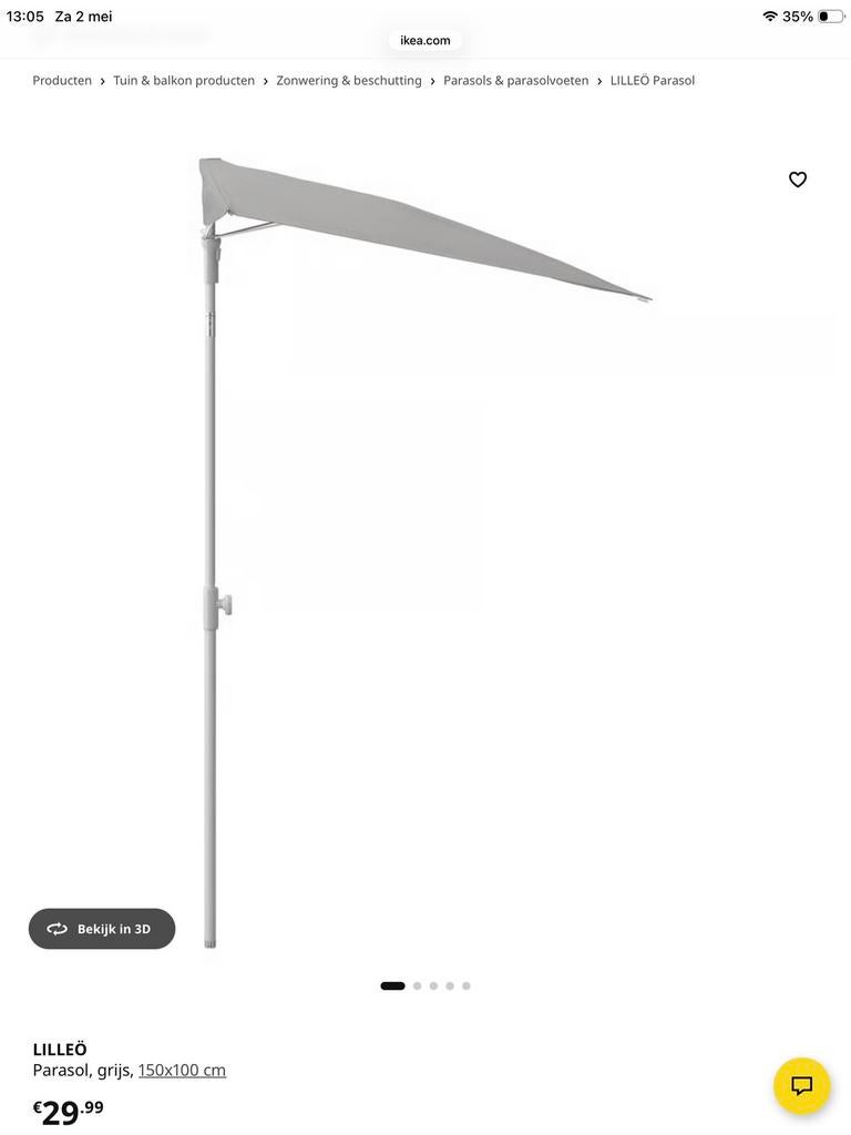 Parasol, grijs, Ikea + parasolvoet, Tuin en Terras, Parasols, Ophalen, Kantelbaar, Zo goed als nieuw, 1 tot 2 meter