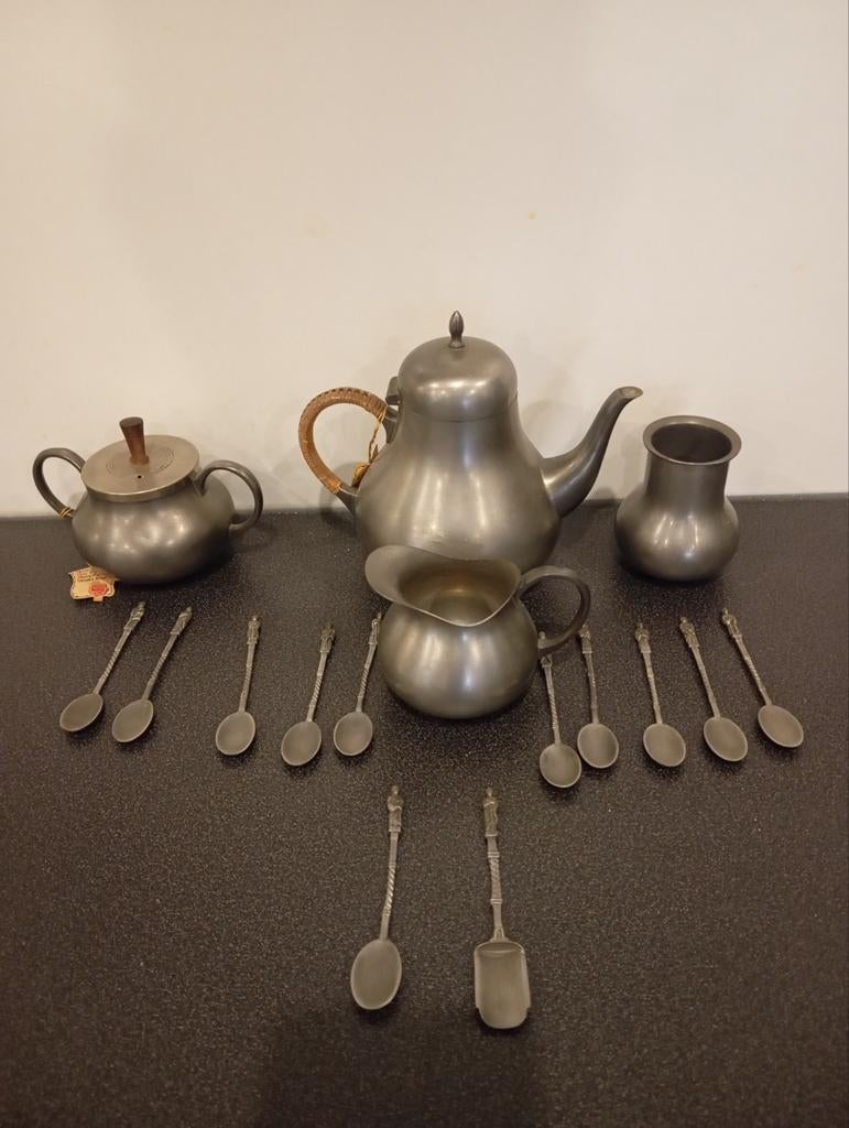 Vintage tinnen theeservies met lepeltjes - K. H. Z. Holland, Ophalen of Verzenden