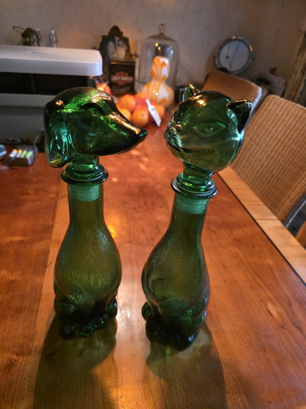 Vintage Groene Glazen Kat en Hond Karaffen - Jaren '60, Ophalen of Verzenden