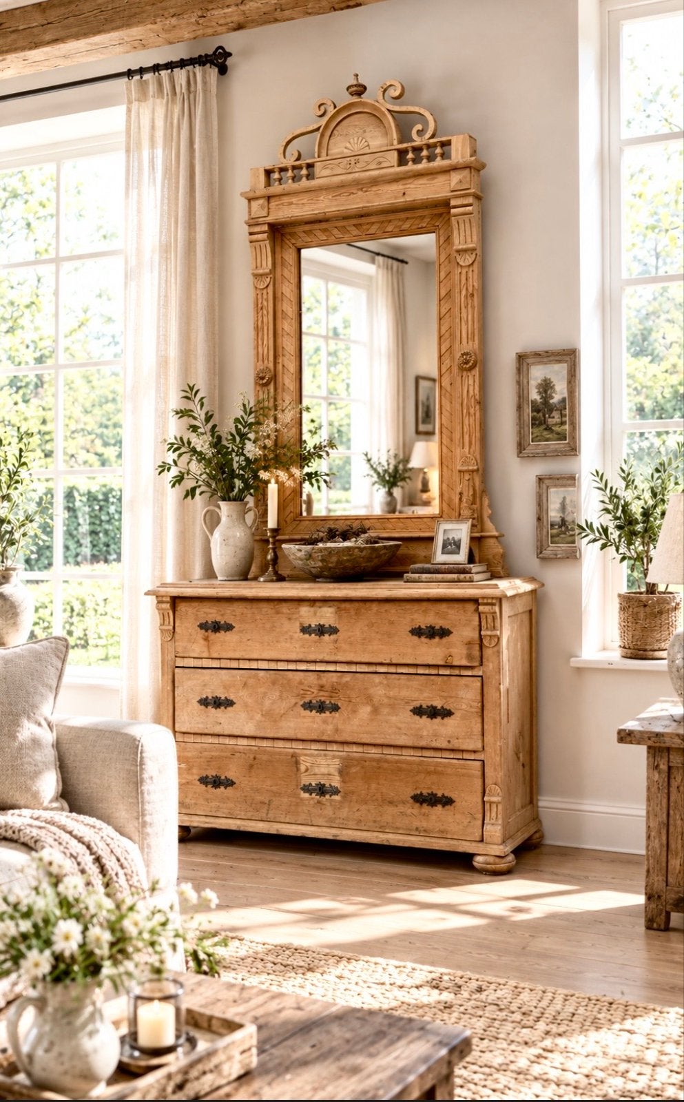 *Antiek grenen commode dressoir houtsnijwerk met spiegel*, Ophalen