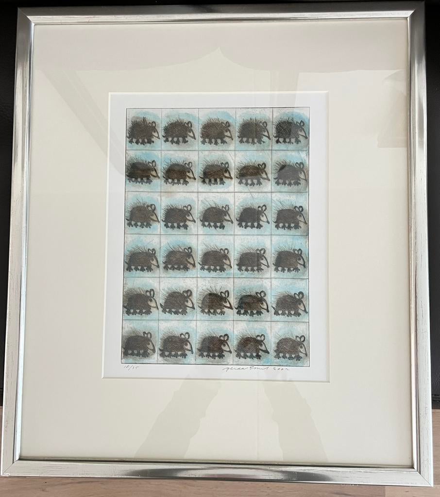 Ets "Postegels" Gerda Smit 2002 (nr. 18/35), Antiek en Kunst, 2000 tot heden, Dagelijks leven, Ets, Ingelijst