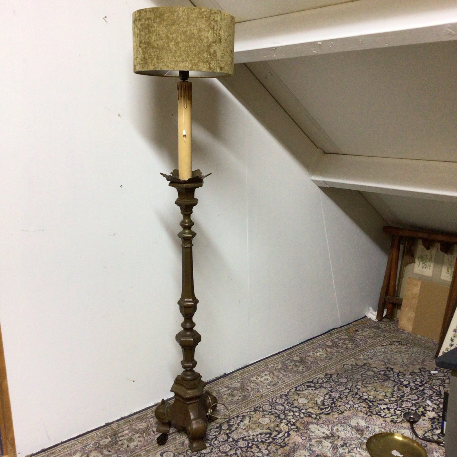 Antieke vloerlamp van rood koper met stoffen kap, Antiek en Kunst, Ophalen of Verzenden