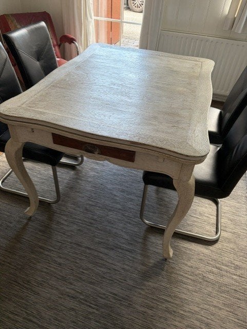 Prachtige landelijke brocante uitschuifbare eettafel, Ophalen, Gebruikt, 50 tot 100 cm, Vijf personen of meer
