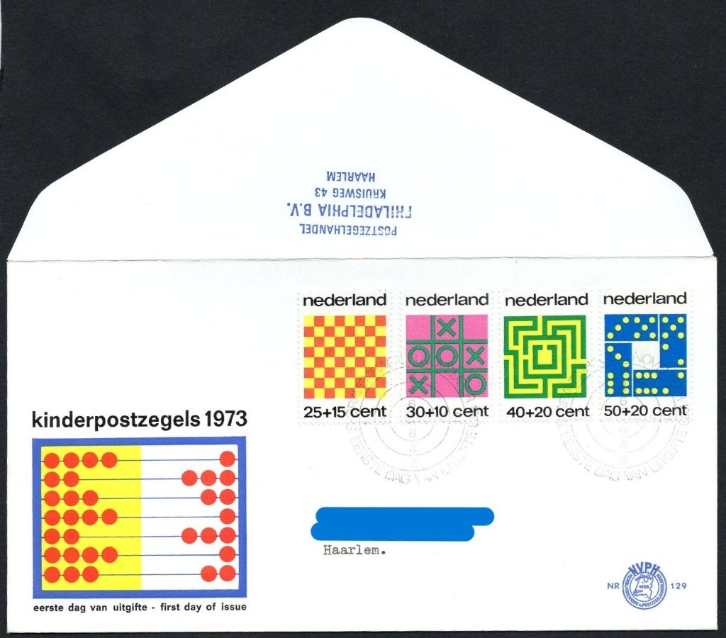 E129 - kind 1973 - bordspelen, Postzegels en Munten, Postzegels | Eerstedagenveloppen, Verzenden, Beschreven, Nederland