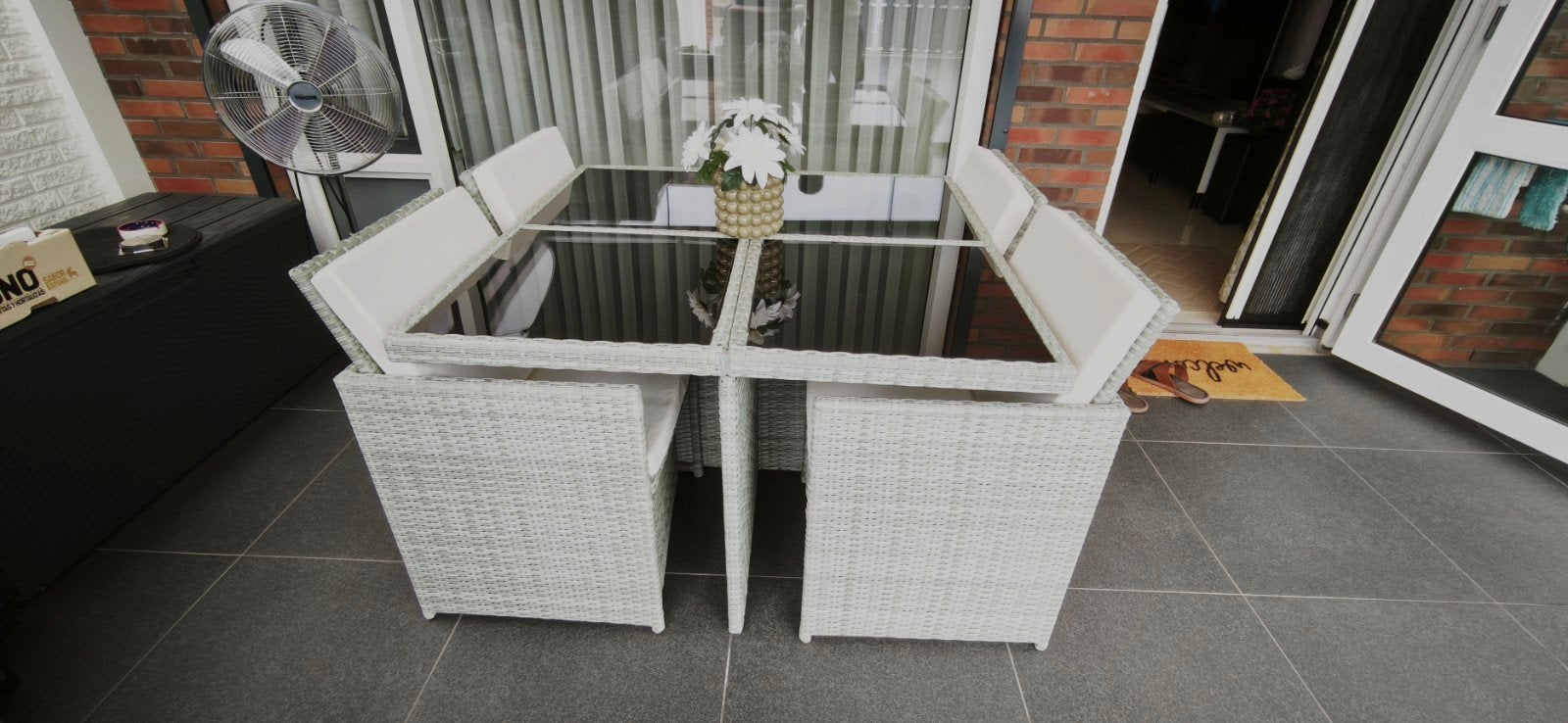 Compacte Wicker Tuinset met Glazen Tafel en 4 Stoelen, Ophalen, Zo goed als nieuw, Wicker, Eettafel