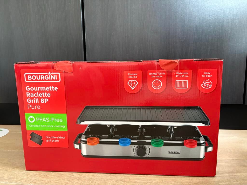Bourgini Gourmette Raclette Grill 8P Pure - Nieuw in doos, Ophalen of Verzenden, Nieuw, 8 personen of meer