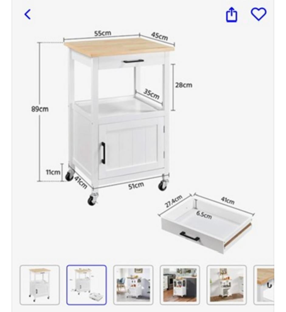Koffie Keuken trolley / Bijzettafel op wielen - Wit met hout, Huis en Inrichting, Ophalen, Rechthoekig, 75 cm of meer, 60 cm of meer