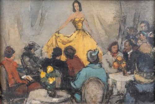 = modeshow = ca 1940/50 ===== WIE KENT DE SIGNATUUR =, Antiek en Kunst, Kunst | Schilderijen | Klassiek, Ophalen of Verzenden