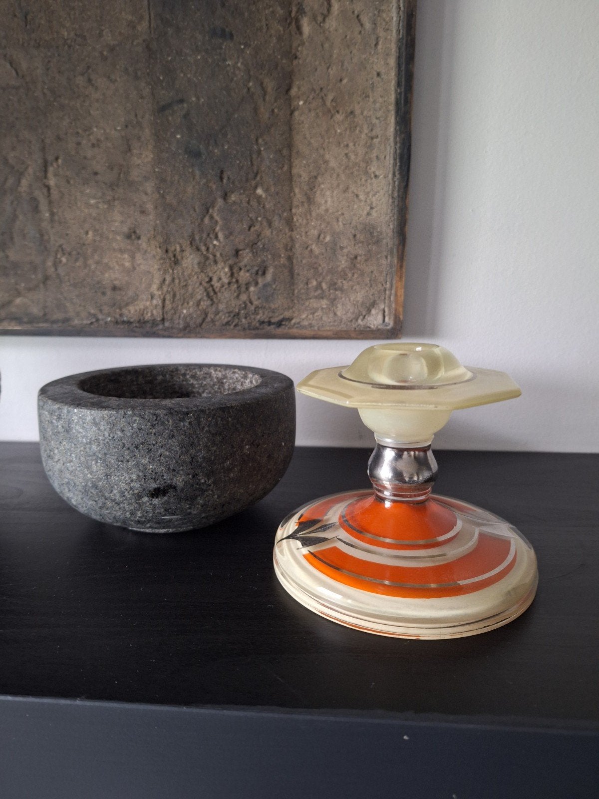Vintage glazen kandelaar met oranje en zilveren details, Antiek en Kunst, Ophalen of Verzenden, Glas
