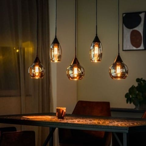 Hanglamp Lungo Zwart Smoke Glas 5-lichts, Huis en Inrichting, Lampen | Hanglampen, Ophalen, Modern, Industrieel, Nieuw, E27 (groot)
