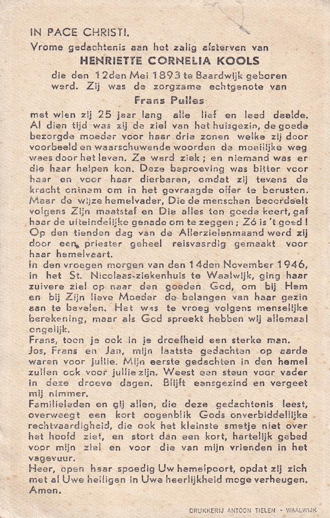 Kools Henriette 1893 Baardwijk 1946 Waalwijk, Ophalen of Verzenden, Bidprentje