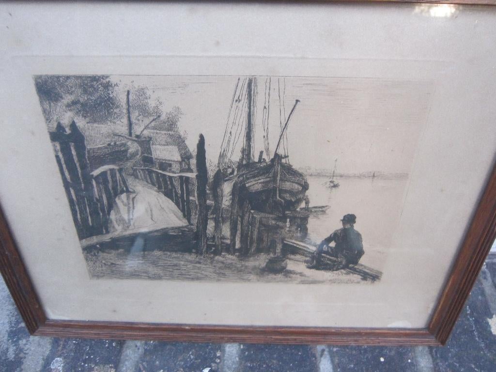 Piet Verhaert 1852 (Antw.) Ets Watertaf. met schepen, Antiek en Kunst, Ophalen of Verzenden, Dagelijks leven, Ets