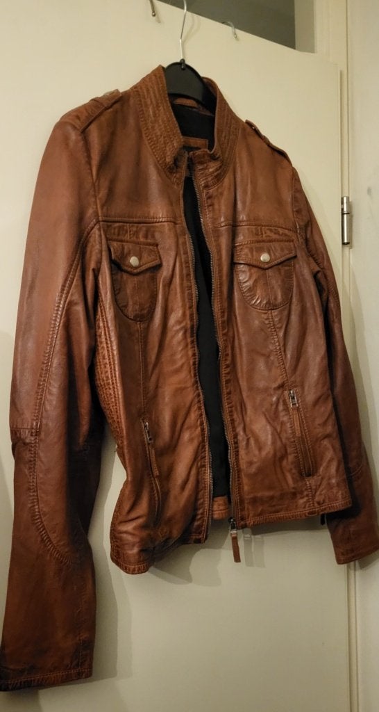 Mooi leren jasje, cognac kleur, maat L, Ophalen, Zo goed als nieuw, Maat 42/44 (L), Bruin