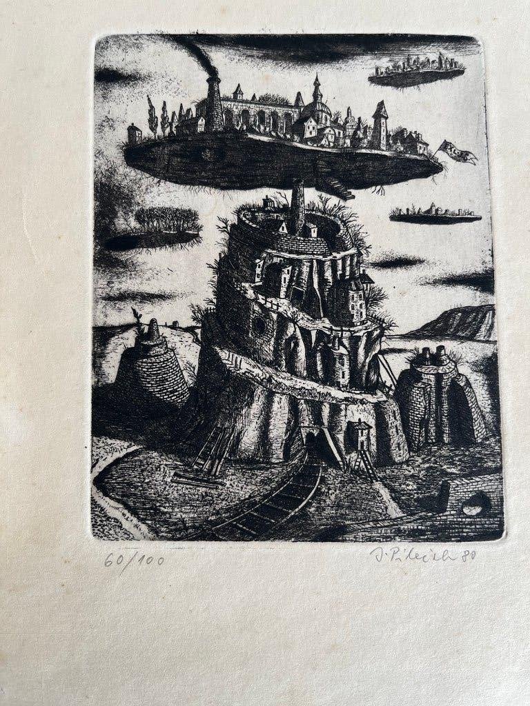gesigneerde ets Torens van Babylon J.Pilecek 1980, Antiek en Kunst, Met tekst, Stadsgezicht, 12 cm, 10 cm