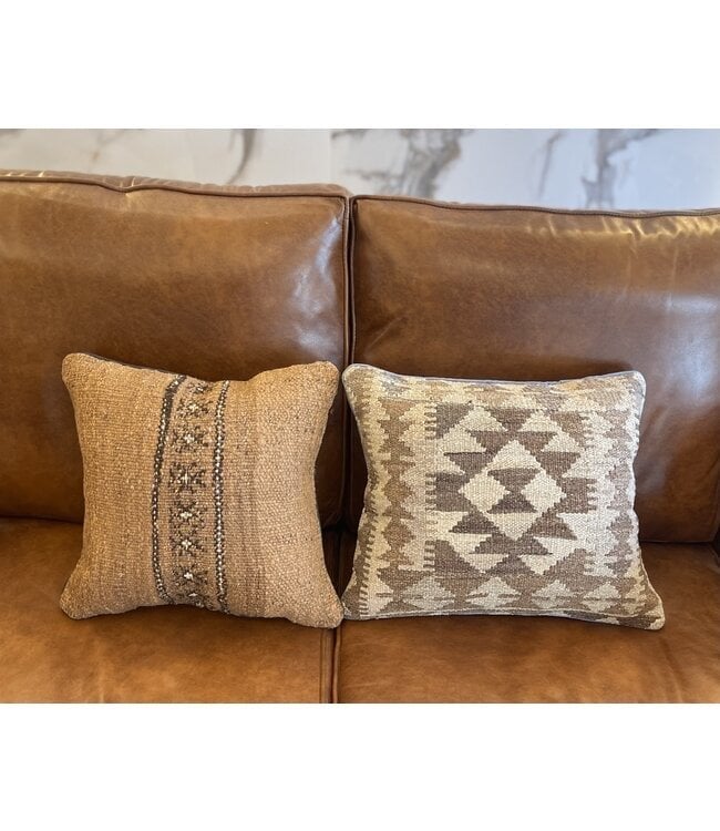 Natuurlijk Kilim Kussen met Vulling - ca. 45x45 cm, .., Bruin, Handgemaakt, Vierkant