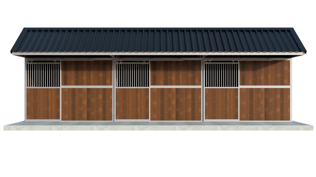 Buitenstal met 3 paardenboxen met schuifdeuren, Opfok, 2 of 3 paarden of pony's