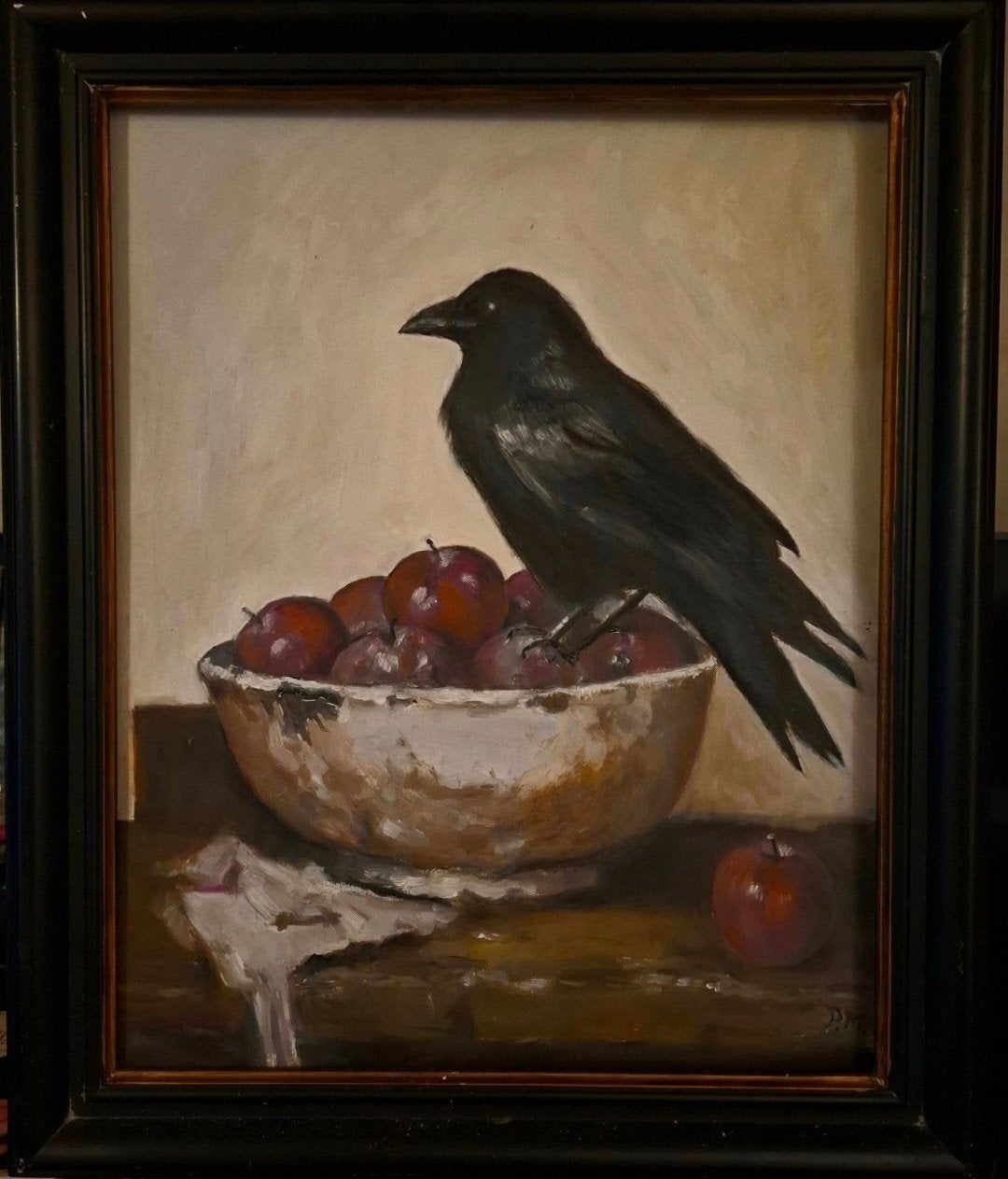 stilleven kraai op appels, Ophalen of Verzenden