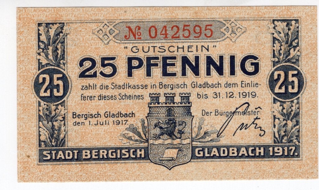 Duitsland noodgeld Bergisch gladbach 25 Pfennig  1917, Verzenden, Duitsland