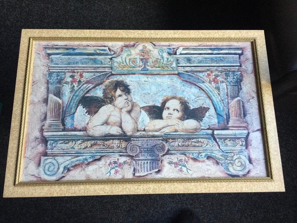 Groot schilderij/print met engelen en mooie lijst 85x56, Huis en Inrichting, Woonaccessoires | Lijsten, Ophalen, Zo goed als nieuw