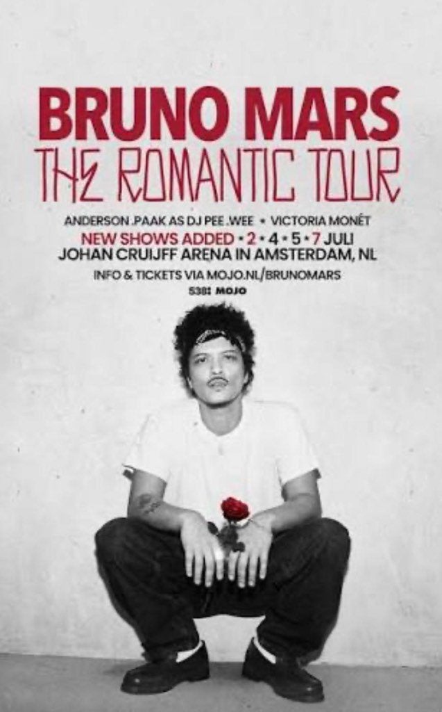 Concert Bruno Mars 2 juli - 2 of 4 kaarten (vak 120), Drie personen of meer, Juli