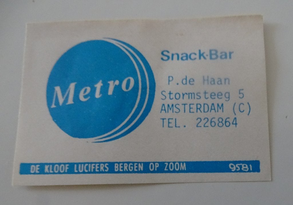 METRO  Snackbar    Stormsteeg    AMSTERDAM, Verzenden, Gebruikt, Luciferdoosjes of -merken