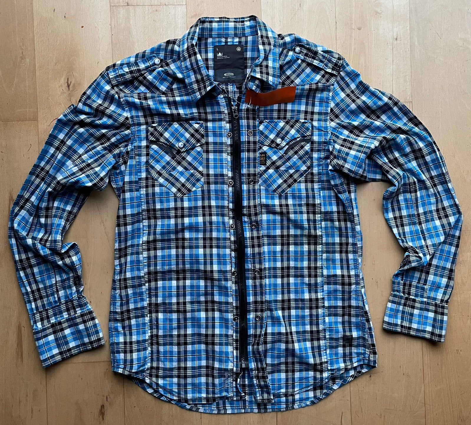 G Star Raw overhemd met rits èn knoop sluiting blok motief L, Ophalen of Verzenden, Zo goed als nieuw, Blauw, Halswijdte 41/42 (L)