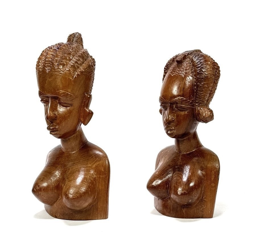 887. Houten beelden – vrouwelijke bustes, Afrika, 20e eeuw, Ophalen of Verzenden, Hout, Buste, Vrouw