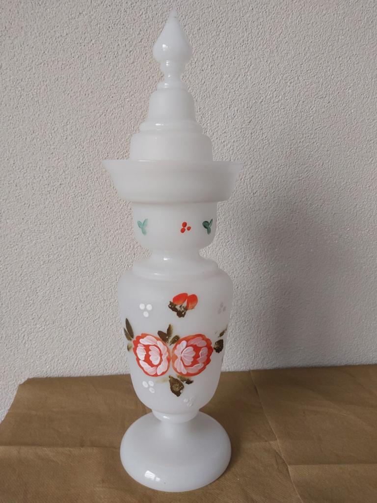 Prachtige antieke opaline dekselvaas/melkglas,handgeschilder, Antiek en Kunst, Ophalen of Verzenden