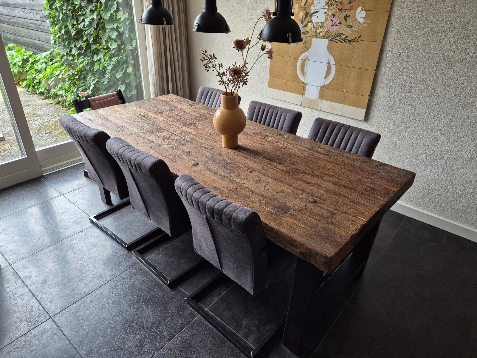 Robuuste eettafel van massief hout met metalen onderstel, Huis en Inrichting, Tafels | Eettafels, Gebruikt, Industrieel, robuust, landelijk
