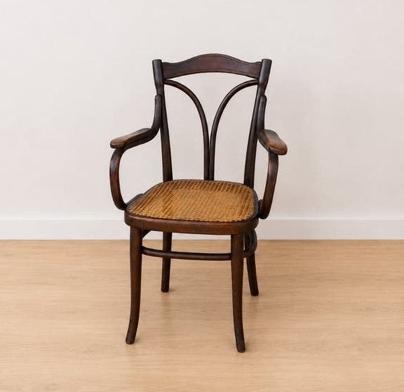 Zeldzame Antieke Thonet Stoel met Leuning, Webbing, Hout, Ophalen