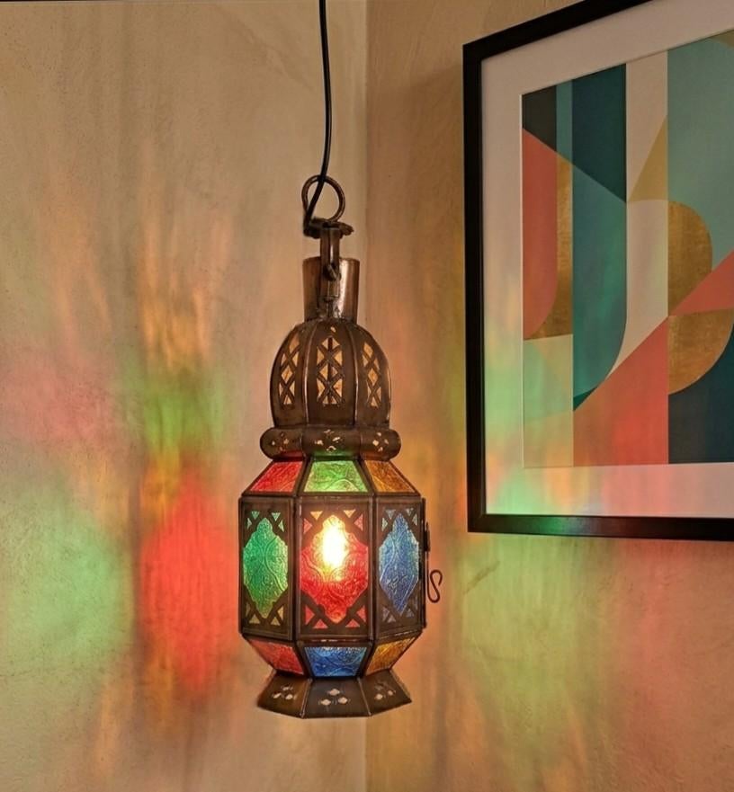 Marokkaanse hanglamp | Handgemaakt & gekleurd glas, Boho, Oosters, Marokkaans, Ophalen of Verzenden, Zo goed als nieuw, Glas