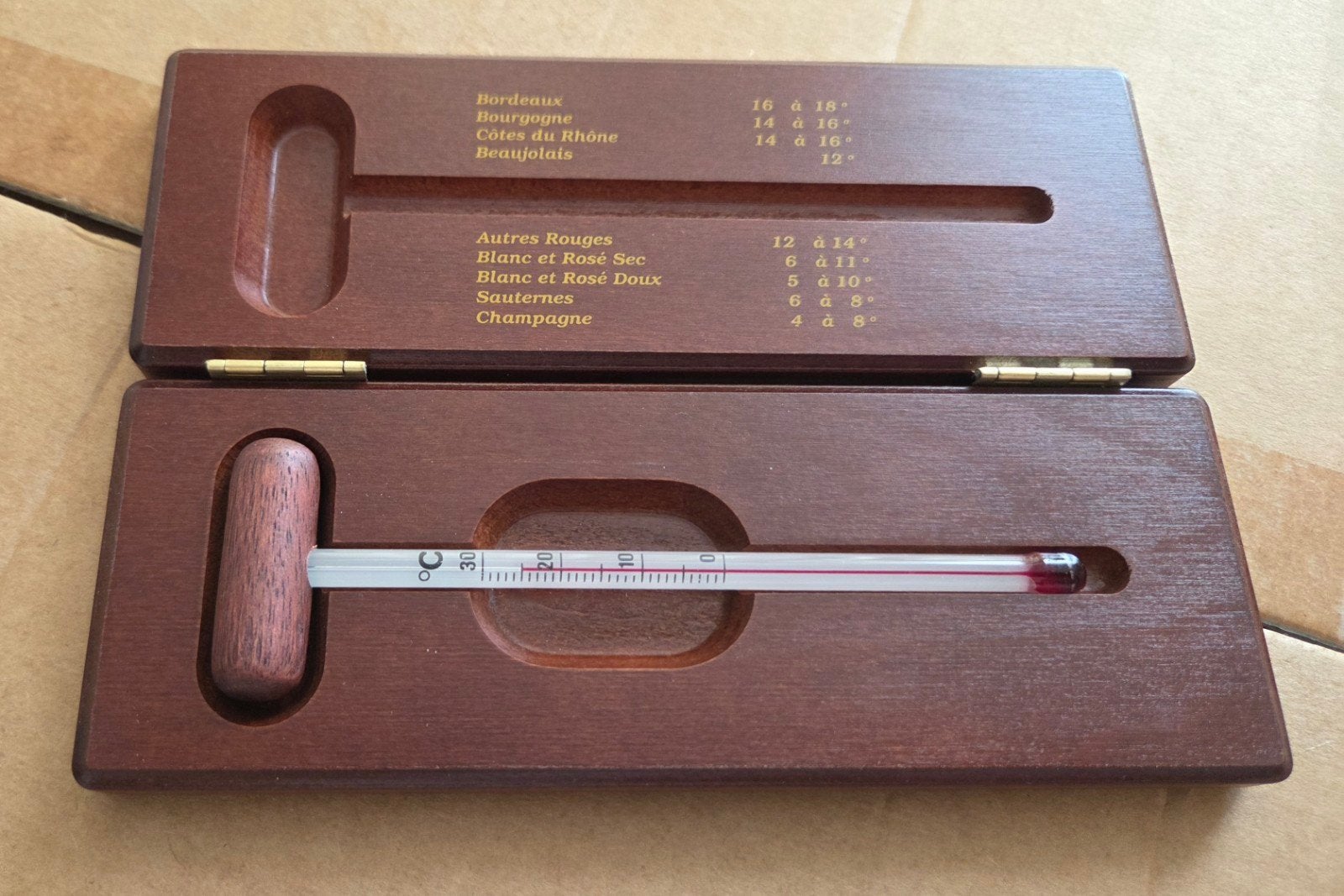 Wijnthermometer in houten kistje met temperatuuradvies, Verzamelen, Wijnen, Ophalen