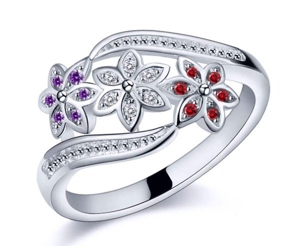 Drie bloemen 925 zilveren ring met zirkonen, Nieuw, Ophalen of Verzenden, 17 tot 18, Met edelsteen