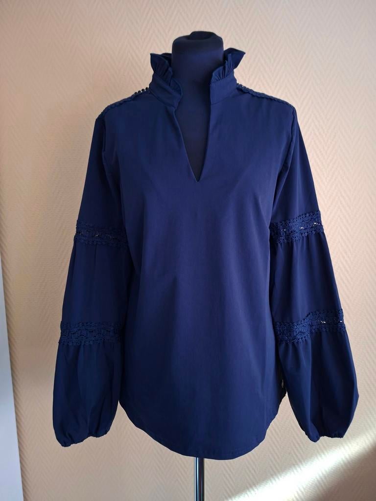 Triple Nine Travelstof Blouse M met Kanten Details, Maat 38/40 (M), Triple Nine, Blauw, Ophalen of Verzenden