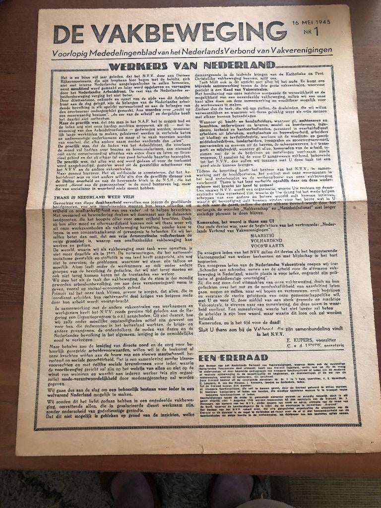 16 Mei 1945 Nr 1. De Vakbeweging. Voorlopig Mededelingen-, Verzenden, Overige onderwerpen, Tweede Wereldoorlog, Gelezen
