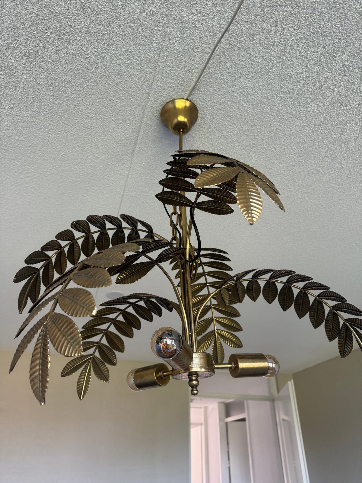 Vintage messing palmblad kroonluchter, Ophalen, Gebruikt, Metaal, E14 (klein)