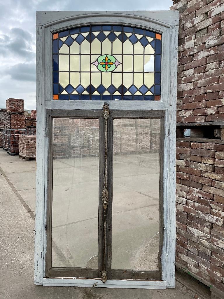2 eiken kozijnen met glas in lood ramen 212x108.5cm, Antiek en Kunst, Ophalen