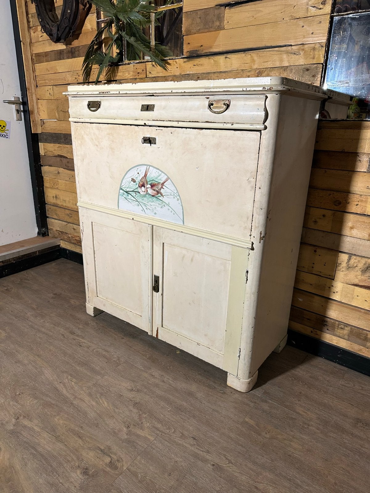 Antieke Zweedse secretaire kast met vogeldecoratie, Antiek en Kunst, Ophalen of Verzenden