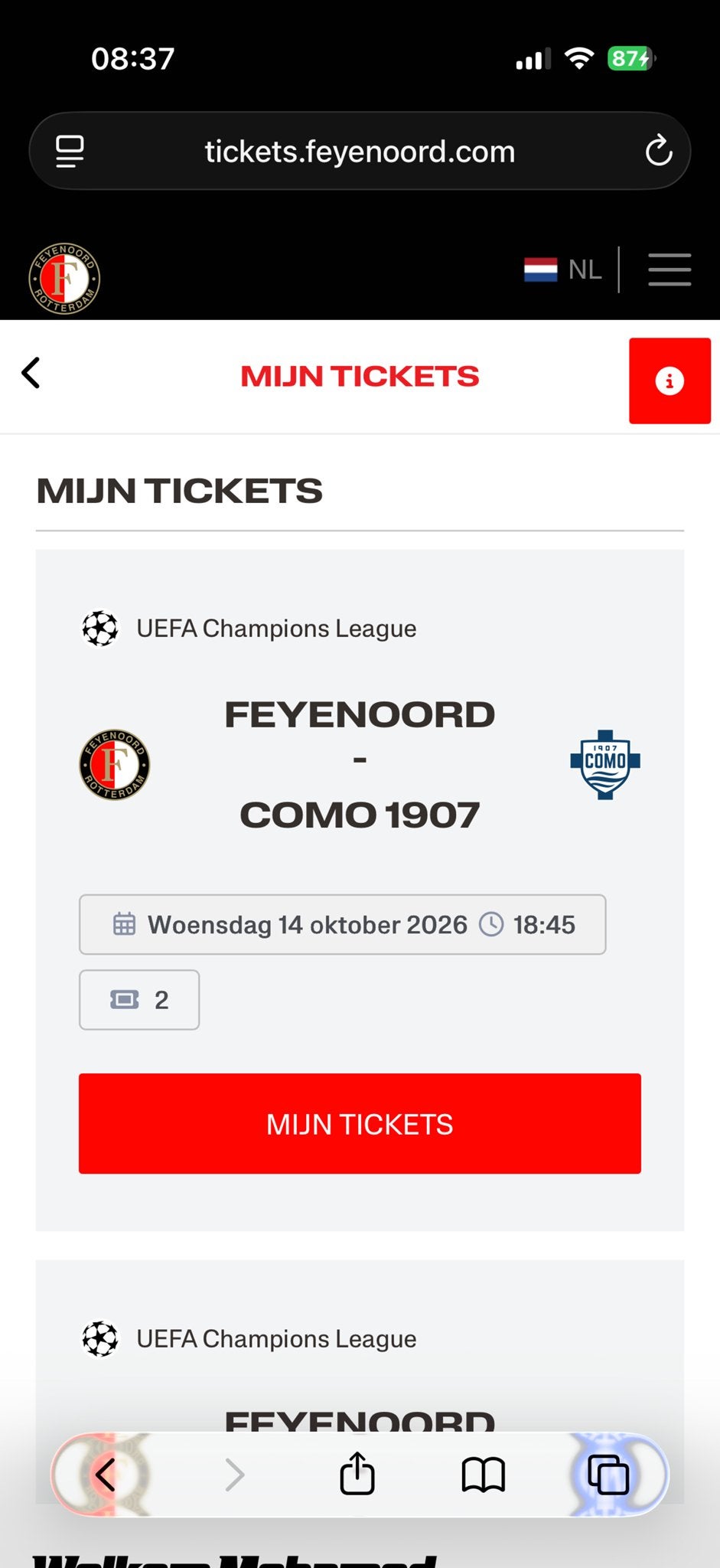 2 kaarten Feyenoord Como vak K, Tickets en Kaartjes, Twee personen, September