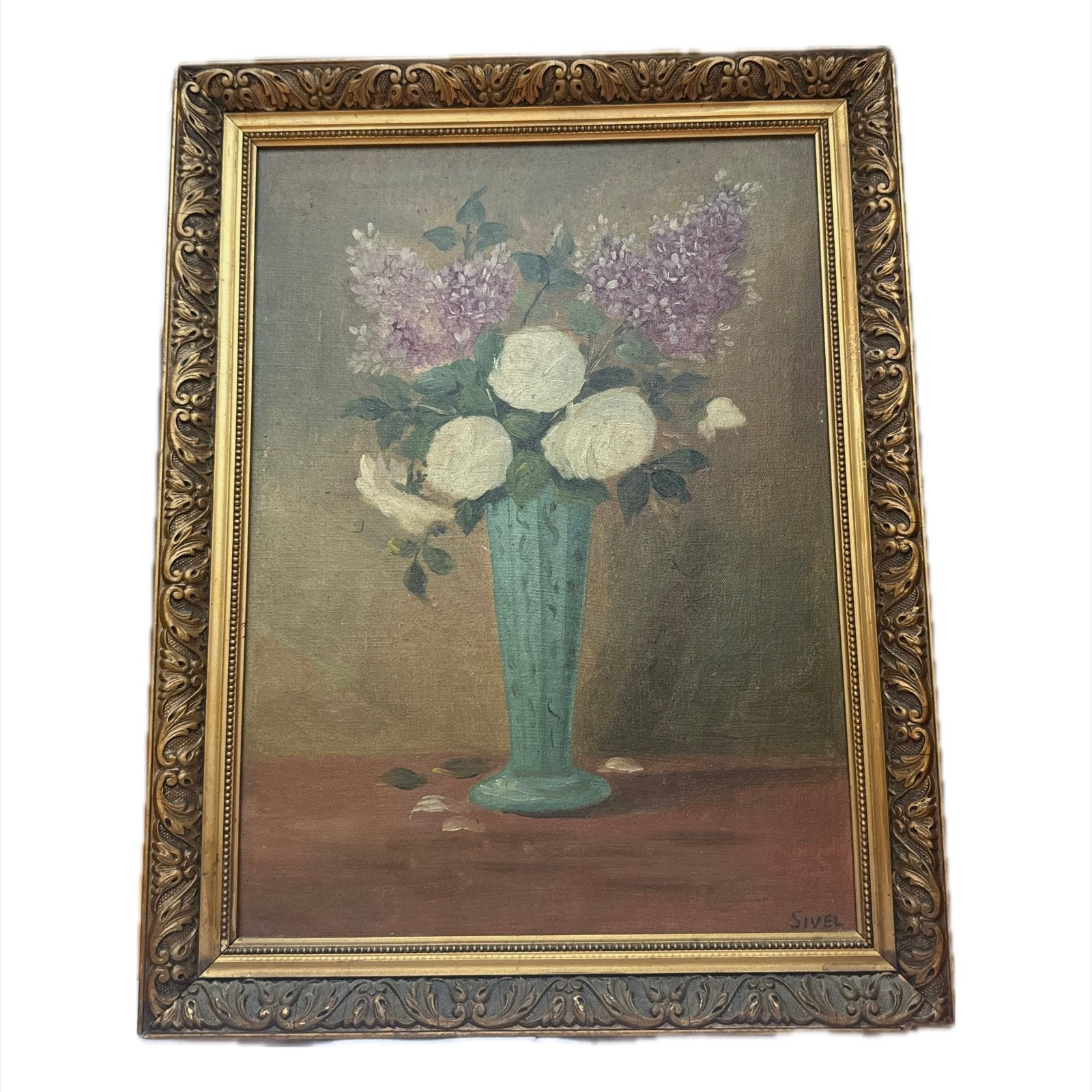 Twee Vintage schilderijen met bloemstillevens 46x36, Overige stijlen, Doek, Stilleven, Ophalen of Verzenden