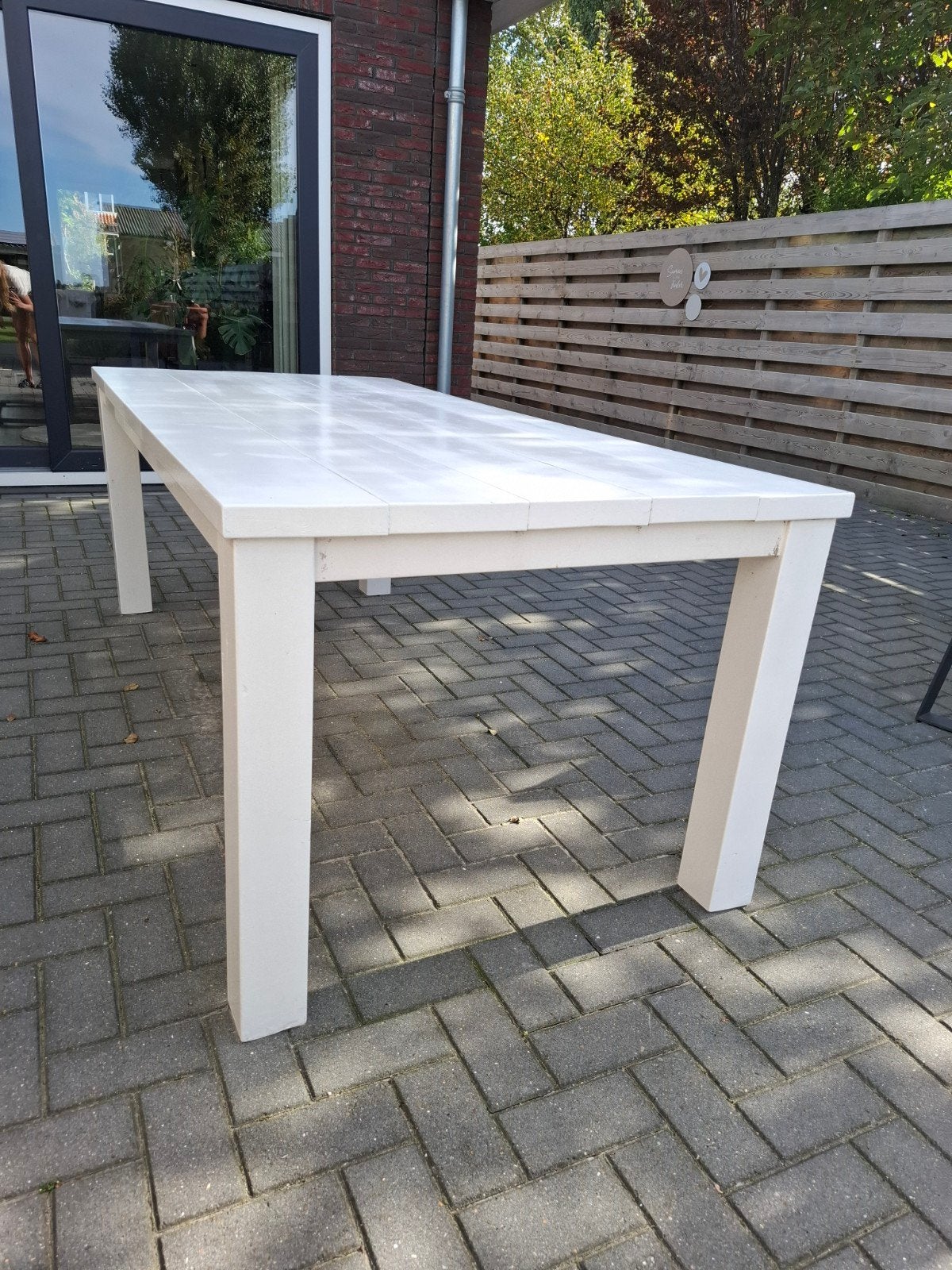 Witte houten tuintafel 210x98x77 cm, Tuin en Terras, Ophalen of Verzenden, Gebruikt, Rechthoekig, Hout