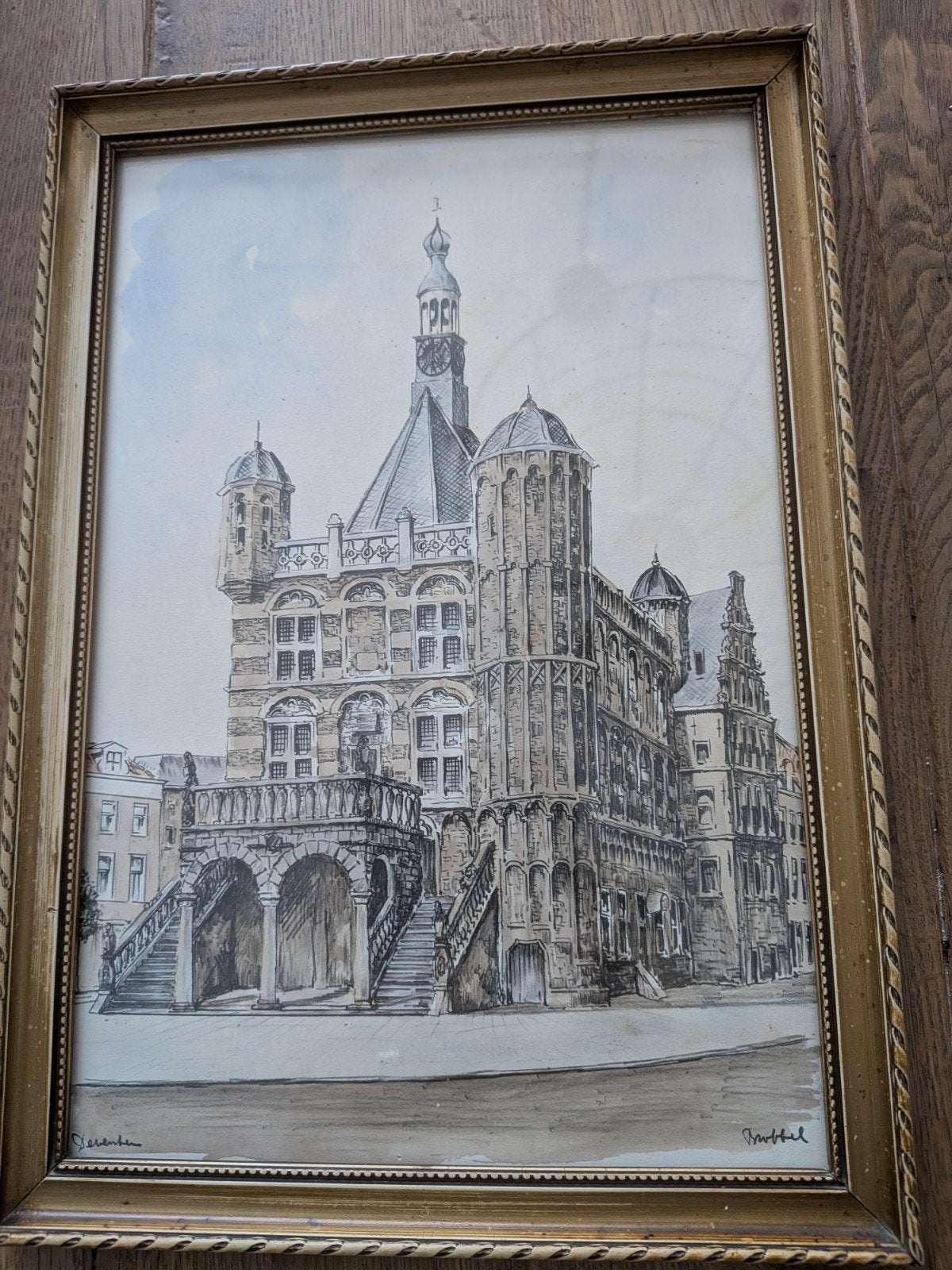 Oude tekening van de Waag in Deventer van Brobbel, Antiek en Kunst, Ophalen, Tekening, Potloodtekening, Ingelijst