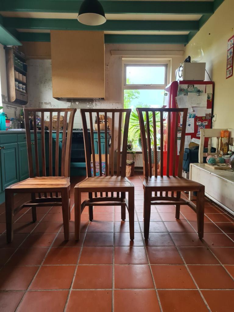 6 Eiken houten stoelen, Huis en Inrichting, Ophalen, Bruin, Zo goed als nieuw, Vijf, Zes of meer stoelen