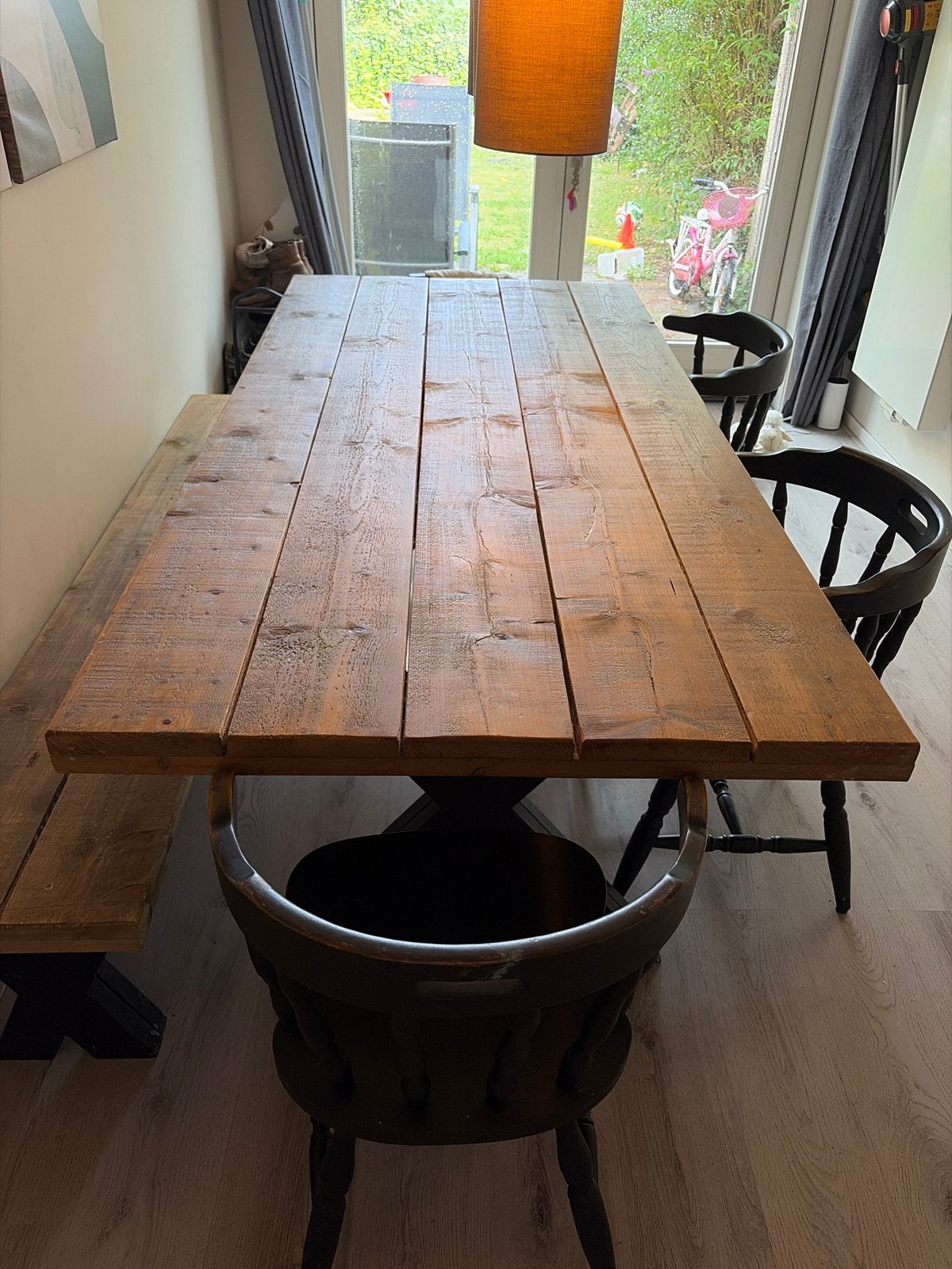 Robuuste houten eettafel met bank en stoelen, Ophalen, Gebruikt, 50 tot 100 cm, 150 tot 200 cm