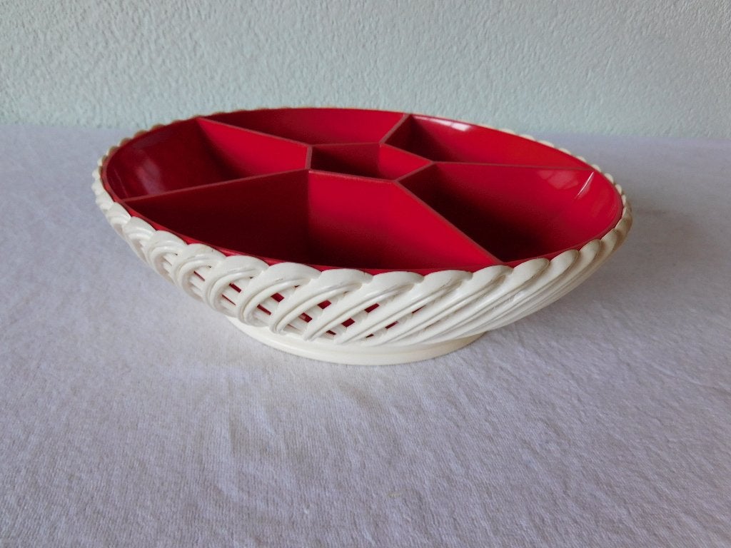 Vintage snackschaal van Emsa, W. Germany, wit-rood met 6 vak, Ophalen of Verzenden, Overige typen