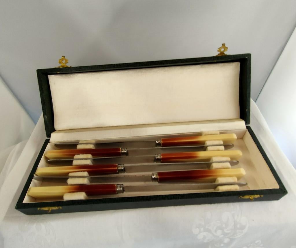 Set van 6 messen in doos met kunststof heft - 23 cm, Antiek en Kunst, Ophalen of Verzenden
