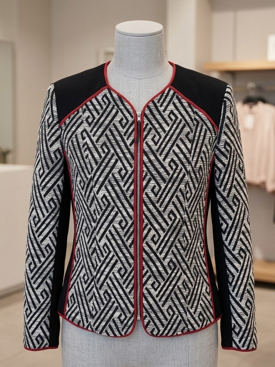 H&M Jasje met geometrisch patroon en rode accenten, Zwart, Maat 42/44 (L), Ophalen of Verzenden, Zo goed als nieuw
