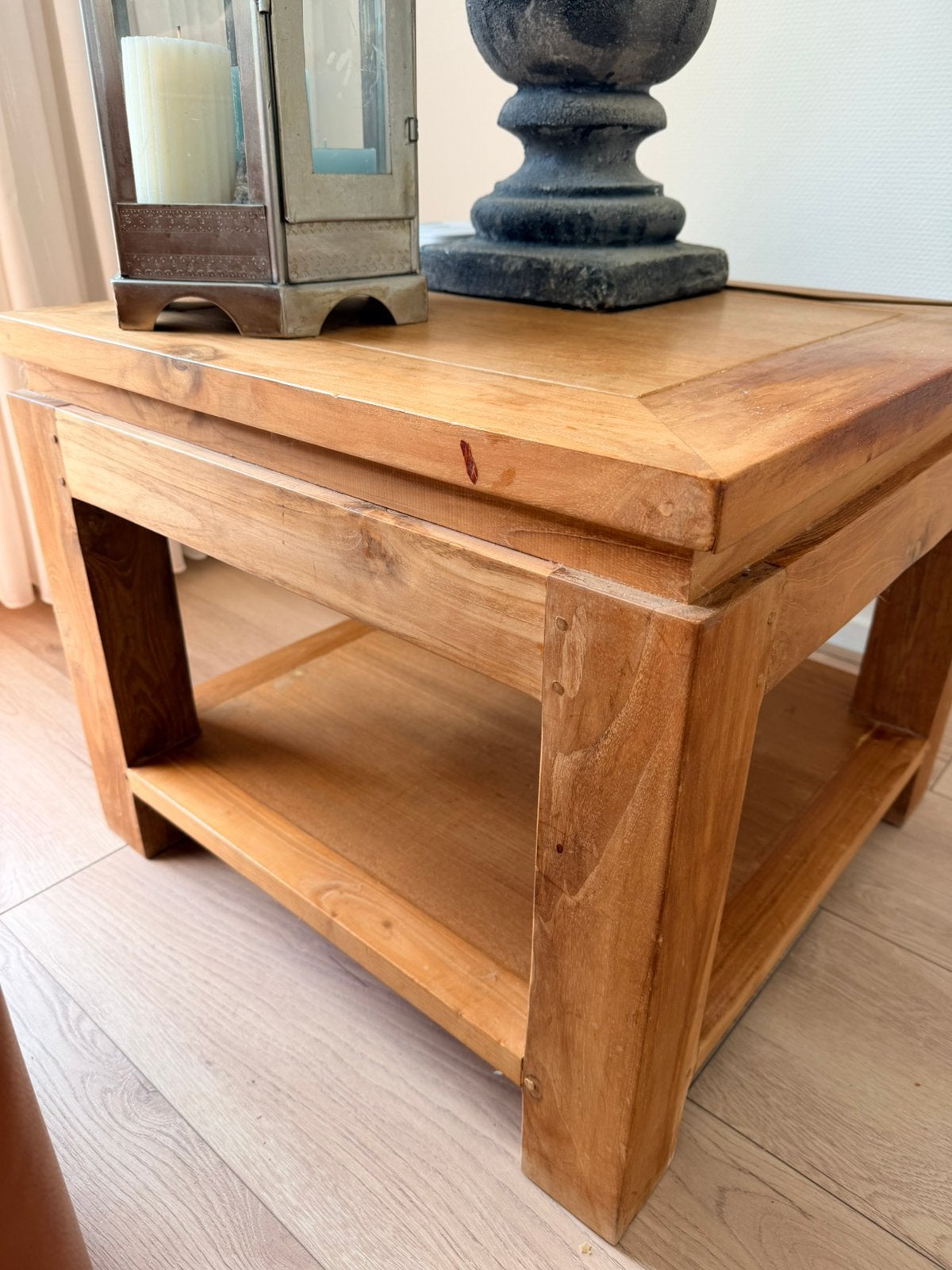 Teakhouten bijzettafel 60x60x48,5, Ophalen, 50 tot 100 cm, Vierkant, Zo goed als nieuw